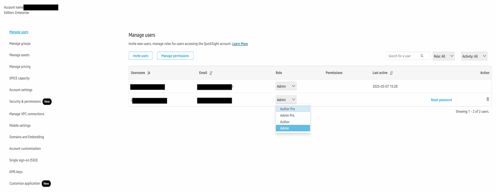 Downgrading user roles in Amazon Quick